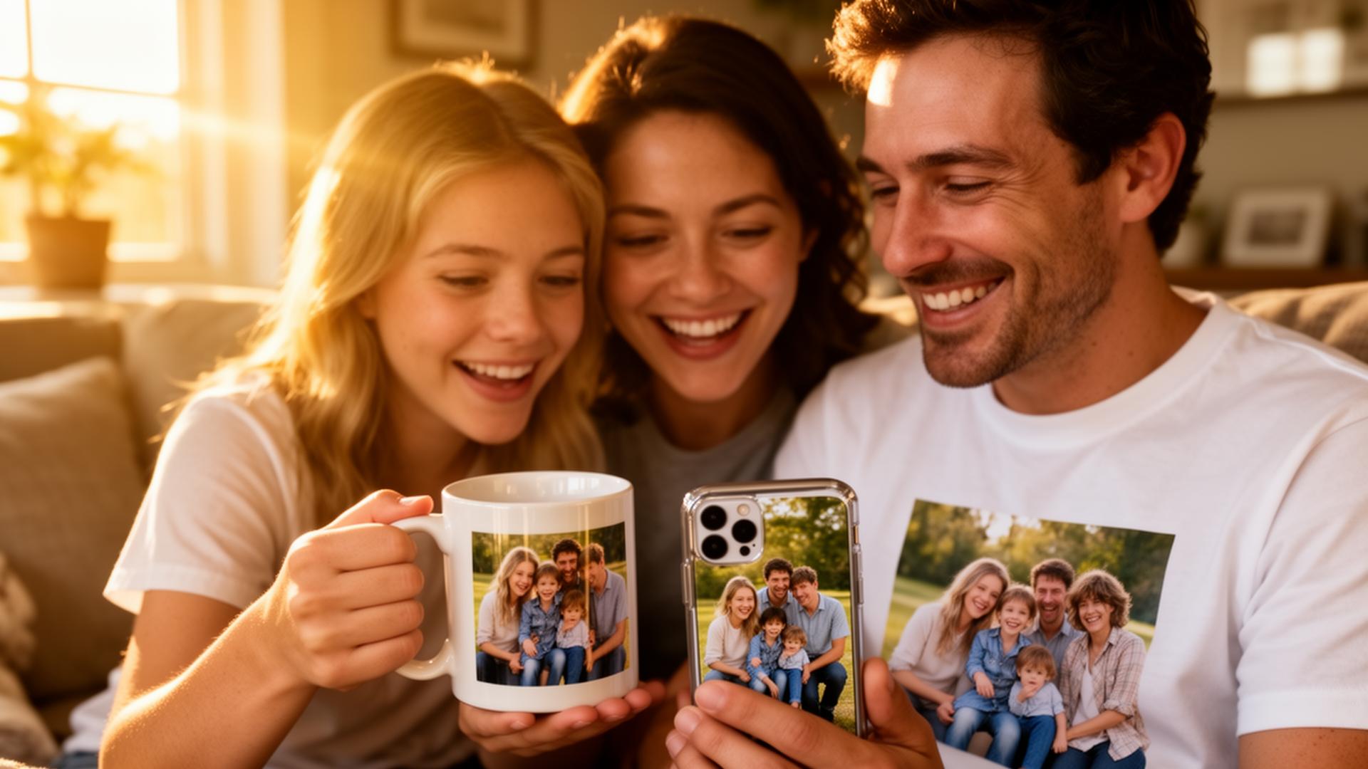 Familia disfrutando de productos personalizados de Fotouniverso